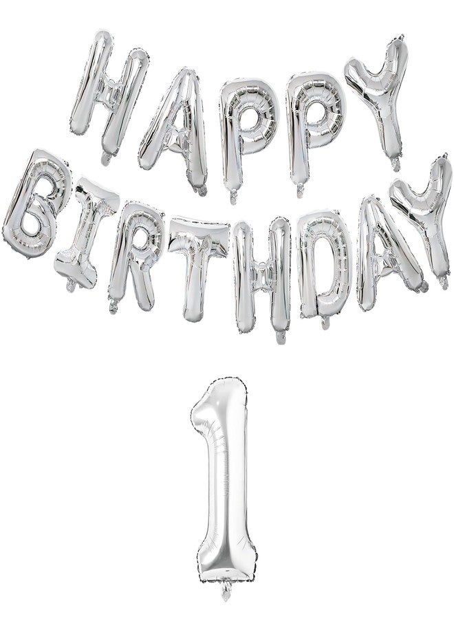 Flyloons 1st Silver Colour Happy Birthday Foil Balloon Set For 1 Year Old Boys Girls Baby | With Number One | 13 Letters Reusable Happy Birthday Metallic Foil Balloons Decoration Kit, 14 Pcs - Image 1